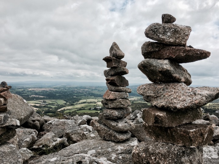 Stone cairns at the top of Stowe's Hill, Bodmin Moor, Cornwall, England.