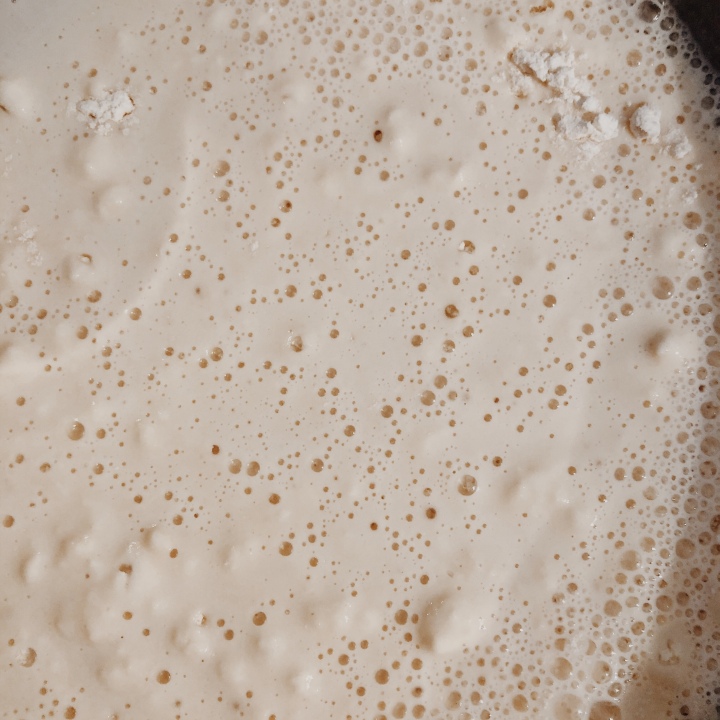Bubbling crumpet mixture in a bowl.